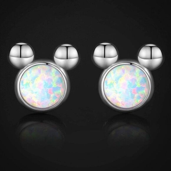 .925 Sterling Silver and White Fire Opal Mickey Mouse Post Back Stud Earrings - Picture 2 of 6